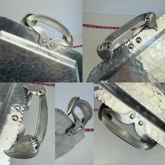 Vtg Deer‎ Geese Trade Continental Hand Wrought Hammered Aluminum Tray w Handles - Picture 7 of 11